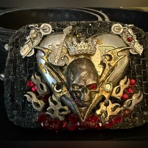 IVY Leather Skull Studded Belt Size 38 Biker Rock Rhinestone Buckle